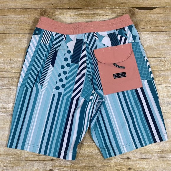 VISSLA Jason Woodside Board Shorts Swim Trunks 28 Stretch Blue White Striped Dot - Picture 4 of 9